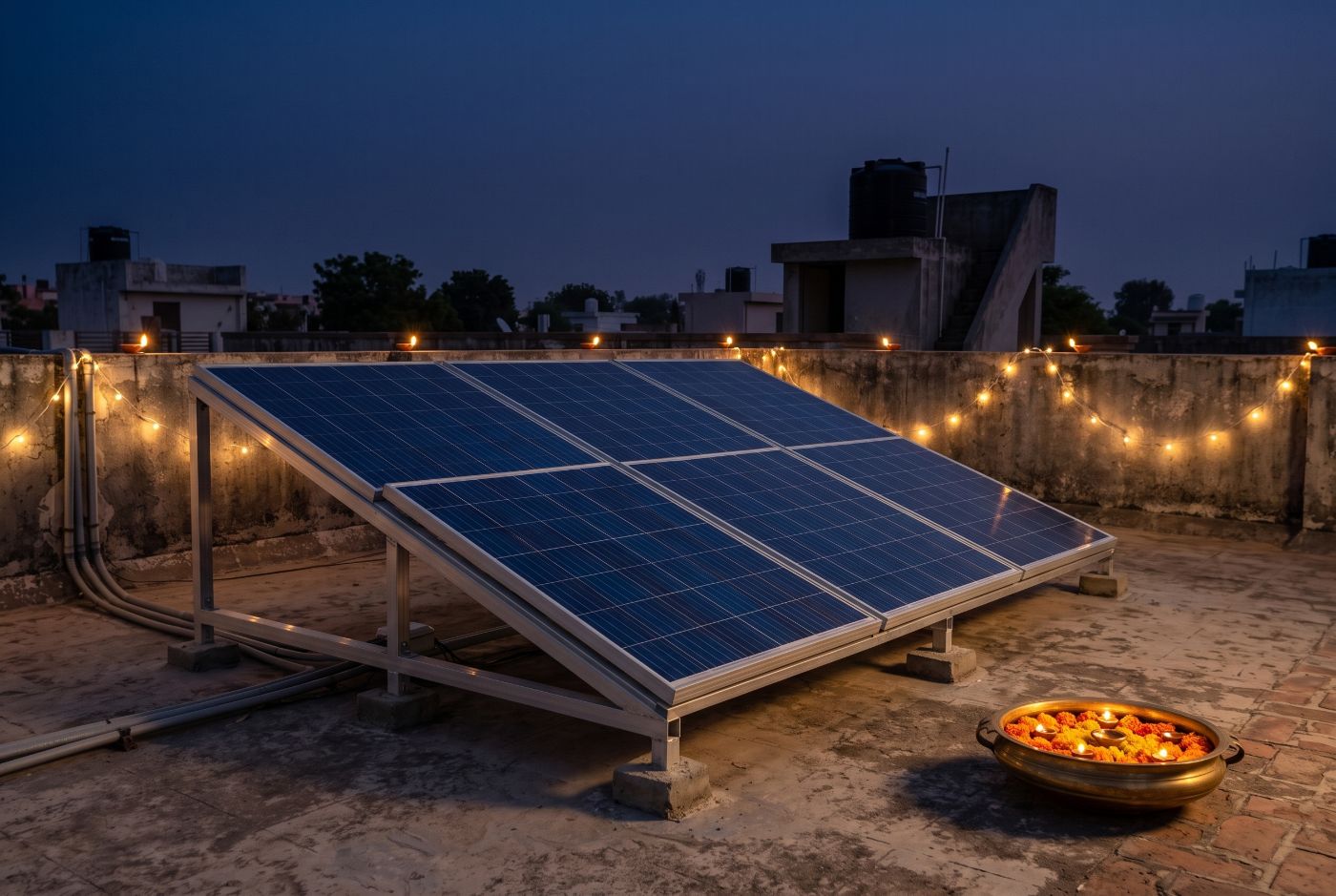 The solar plant at night with fairy lights and a brass urli of marigolds and diyas